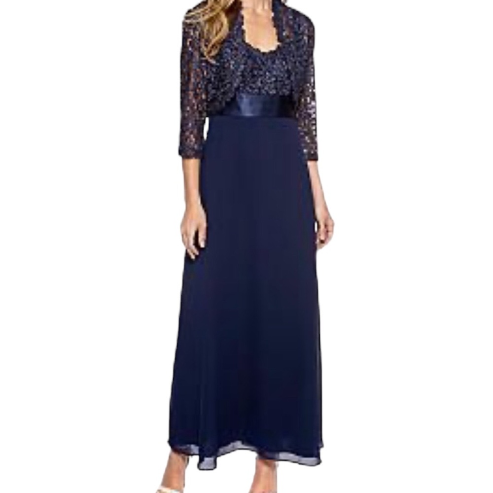 R&M Richards Navy Blue Lace Wedding Dress